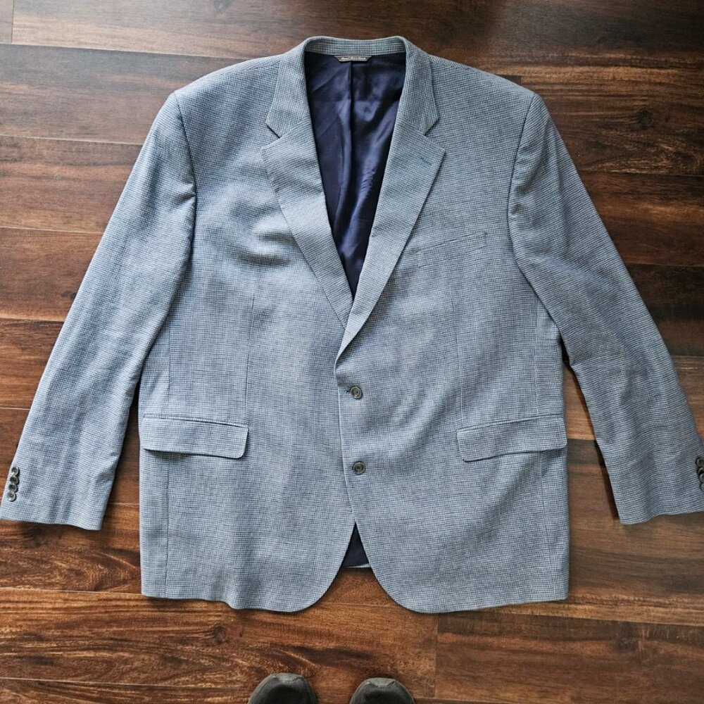 Jack Victor 54L Blue Check Tweed Blazer Jacket Sport Coat Wool Cotton Blend